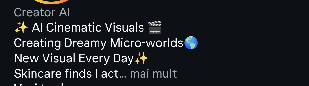 Exemplu de profil Creator AI cu tagline-uri vizuale și cinematice